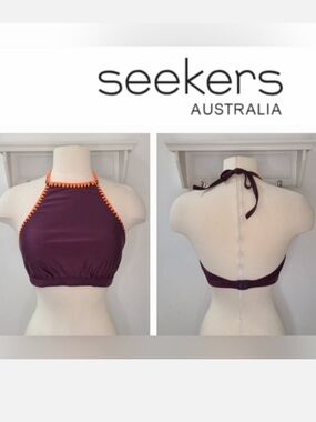 Seekers Australia Burgundy & Orange Whipstitch High Neck Halter Bikini Top Sz 10